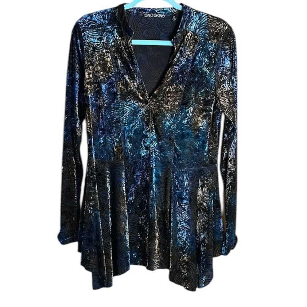 Snoskins Black,Blue,Brown Velvet Tunic Top. Sharkbite Front,Rounded Back,V-Neck
